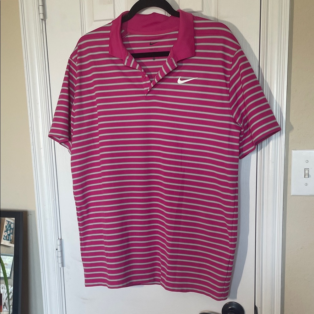 Nike dri fit victory striped polo, pink and gray stripes, size large